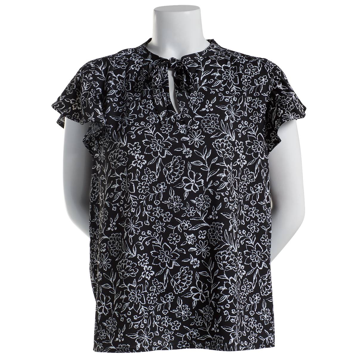 Plus Size Preswick & Moore(R) Floral Sketch Tie Neck Blouse - Black