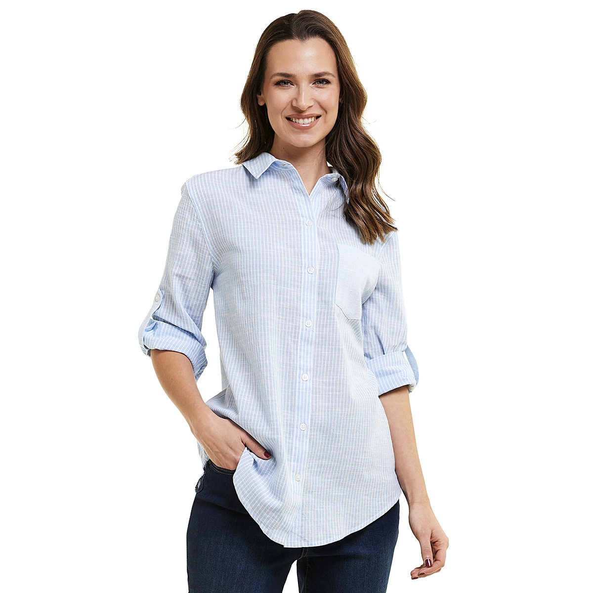 Petite Architect(R) 3/4 Sleeve Roll Tab Stripe Casual Button Down