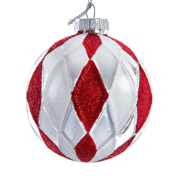 Kurt S. Adler 80mm Glass Red White & Silver 6pc. Ball Ornament