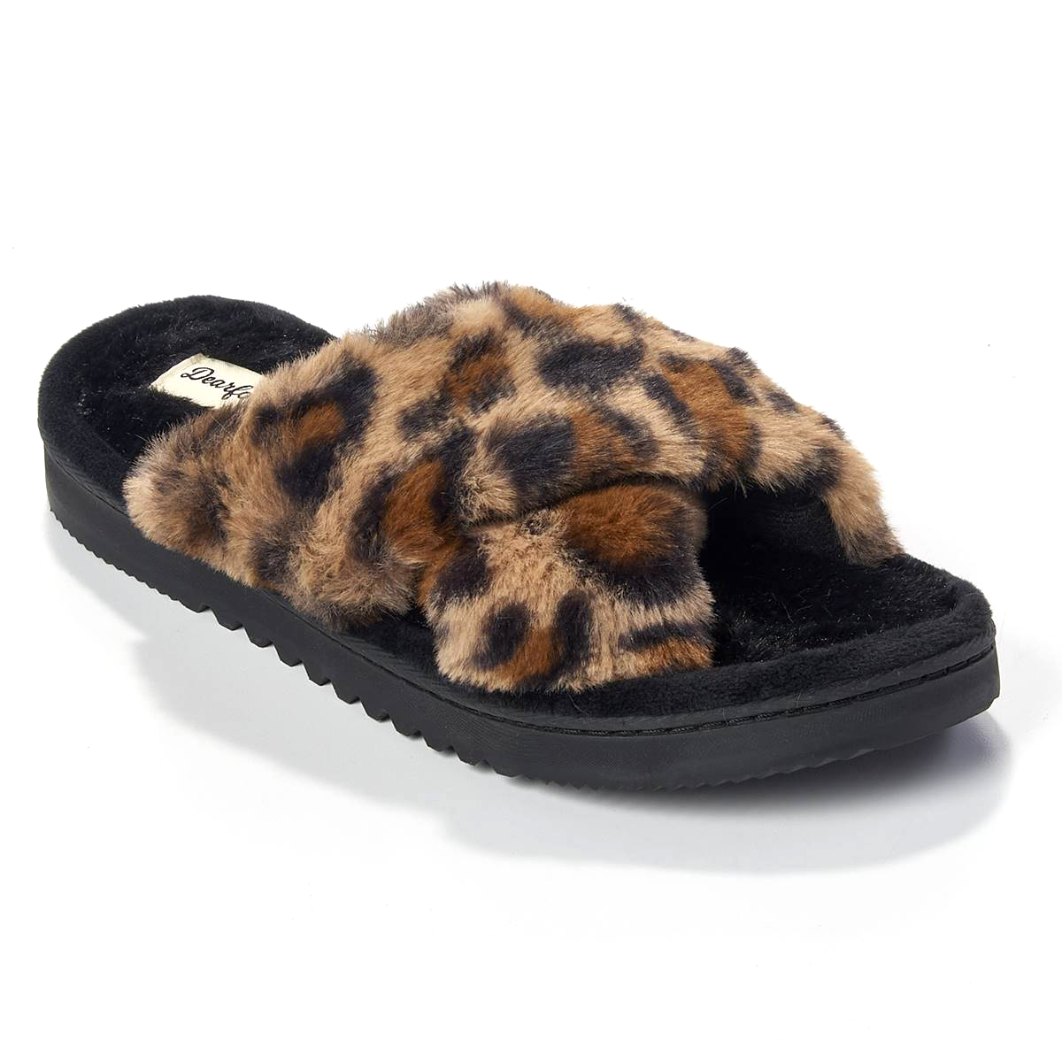 Womens Dearfoams(R) Miranda Leopard Pile X-Band Slide Slippers