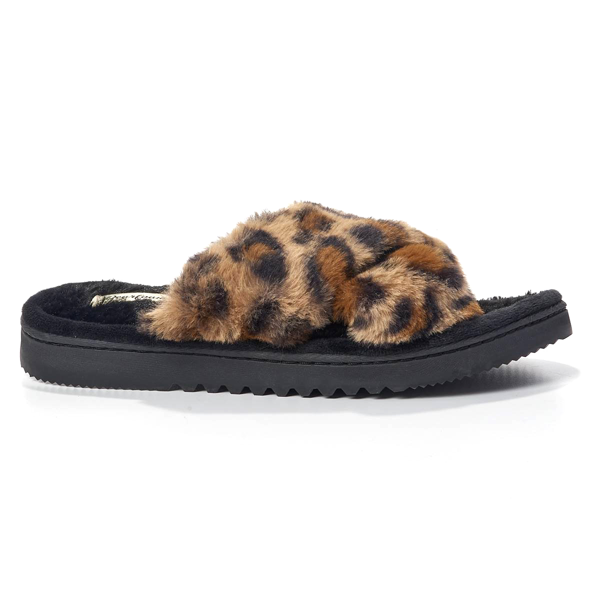 Womens Dearfoams(R) Miranda Leopard Pile X-Band Slide Slippers