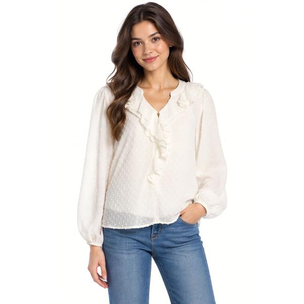 Juniors A. Byer Long Sleeve Clip Dot Ruffle Front Blouse alternate view