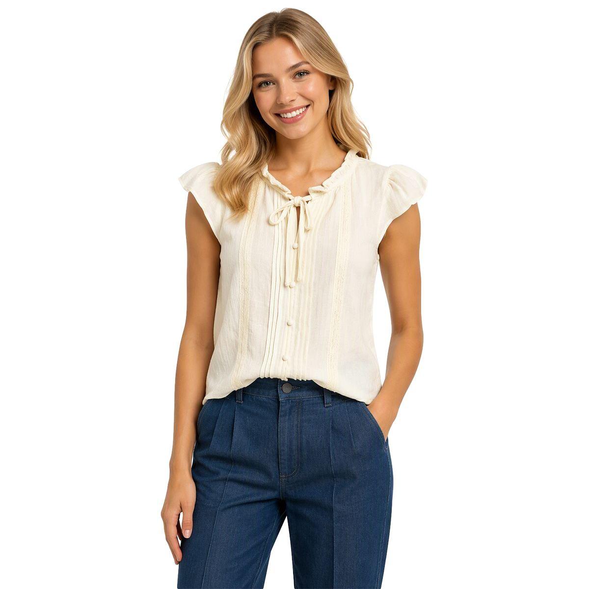 Juniors A. Byer Flutter Sleeve Babydoll Tie Neck Blouse