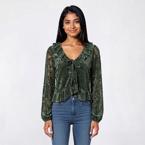 Juniors A. Byer Long Sleeve Flock Velvet Ruffle Cardigan