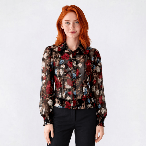 Juniors A. Byer Long Sleeve Floral Pintuck Button Front Blouse