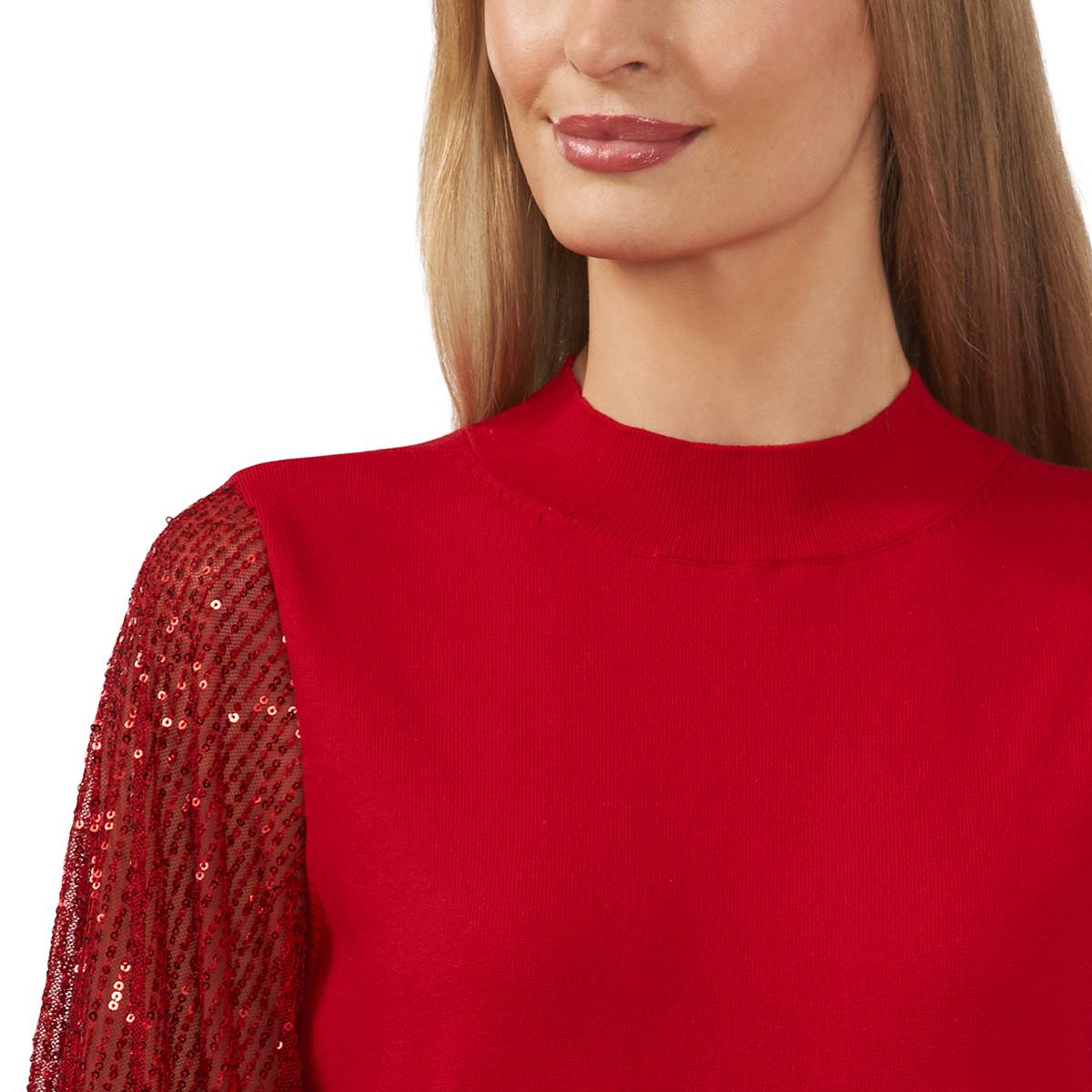 Womens Cece Solid Mock Neck Sequin Sleeve Sweater