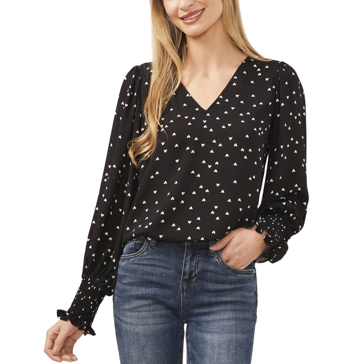 Womens Cece V-Neck Heart Blouse With Smocking Cuffs