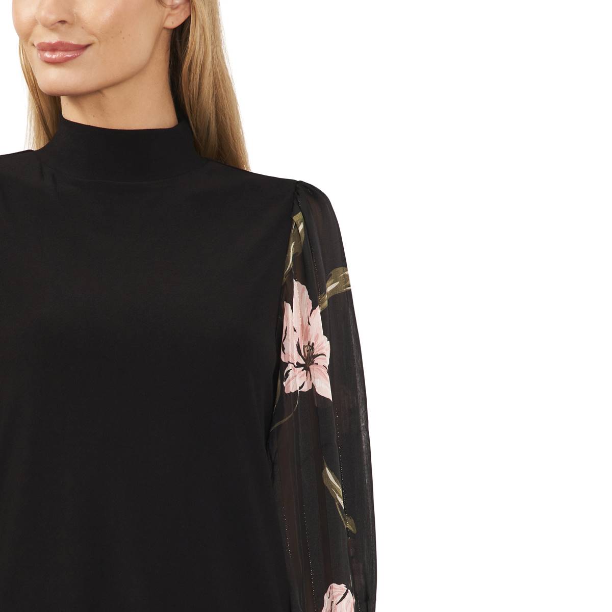 Womens Cece Long Floral Sleeve Mock Neck Sweater