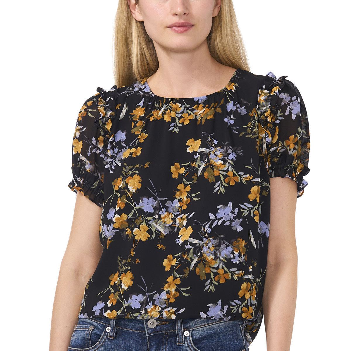 Womens Cece Short Sleeve Ruffle Floral Blouse