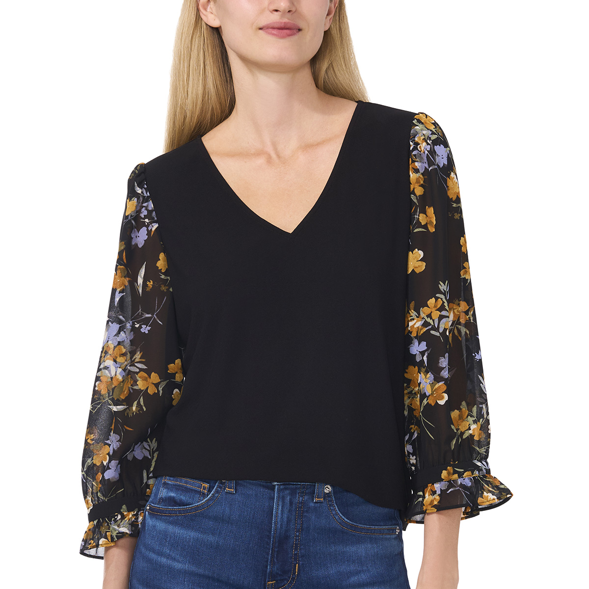 Womens Cece 3/4 Floral Sleeve V-Neck Mix Media Blouse