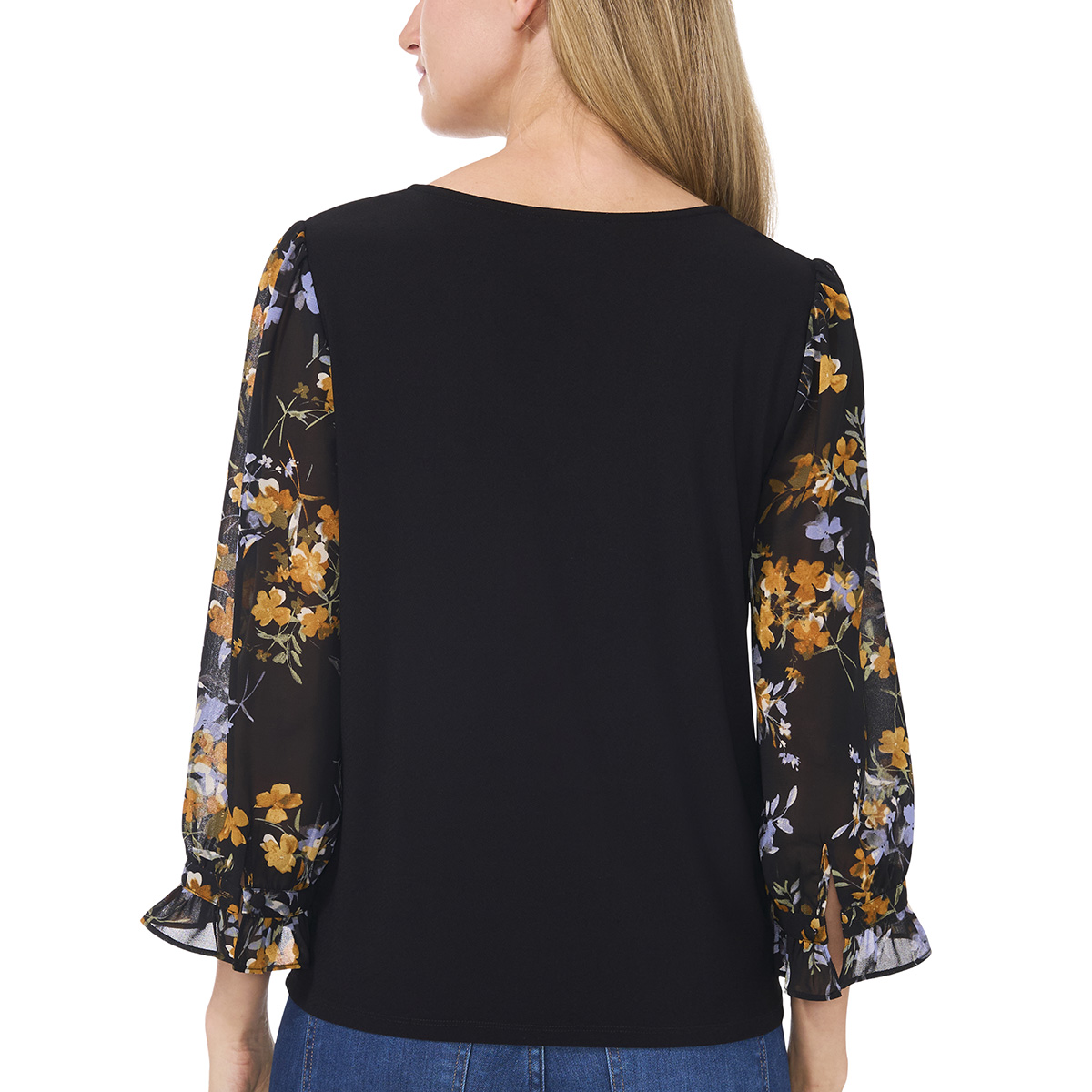 Womens Cece 3/4 Floral Sleeve V-Neck Mix Media Blouse