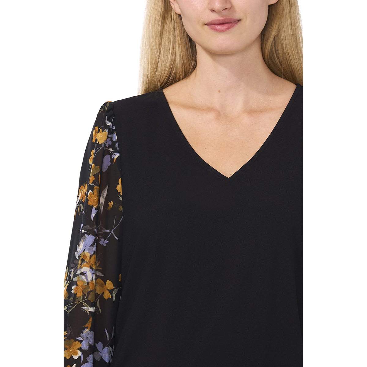 Womens Cece 3/4 Floral Sleeve V-Neck Mix Media Blouse