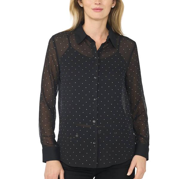 Womens Cece Long Sleeve Rhinestone Button Front Blouse