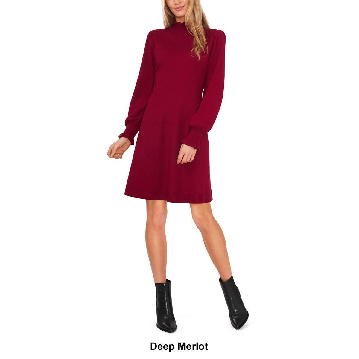 Womens Cece Long Sleeve Solid Mock Ruffle Neck Sweater Dress