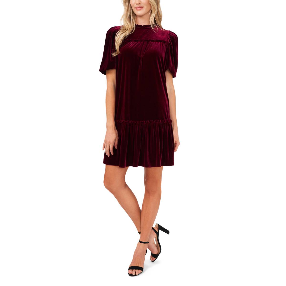 Womens Cece Elbow Sleeve Solid Velvet Ruffle Hem  A-Line Dress