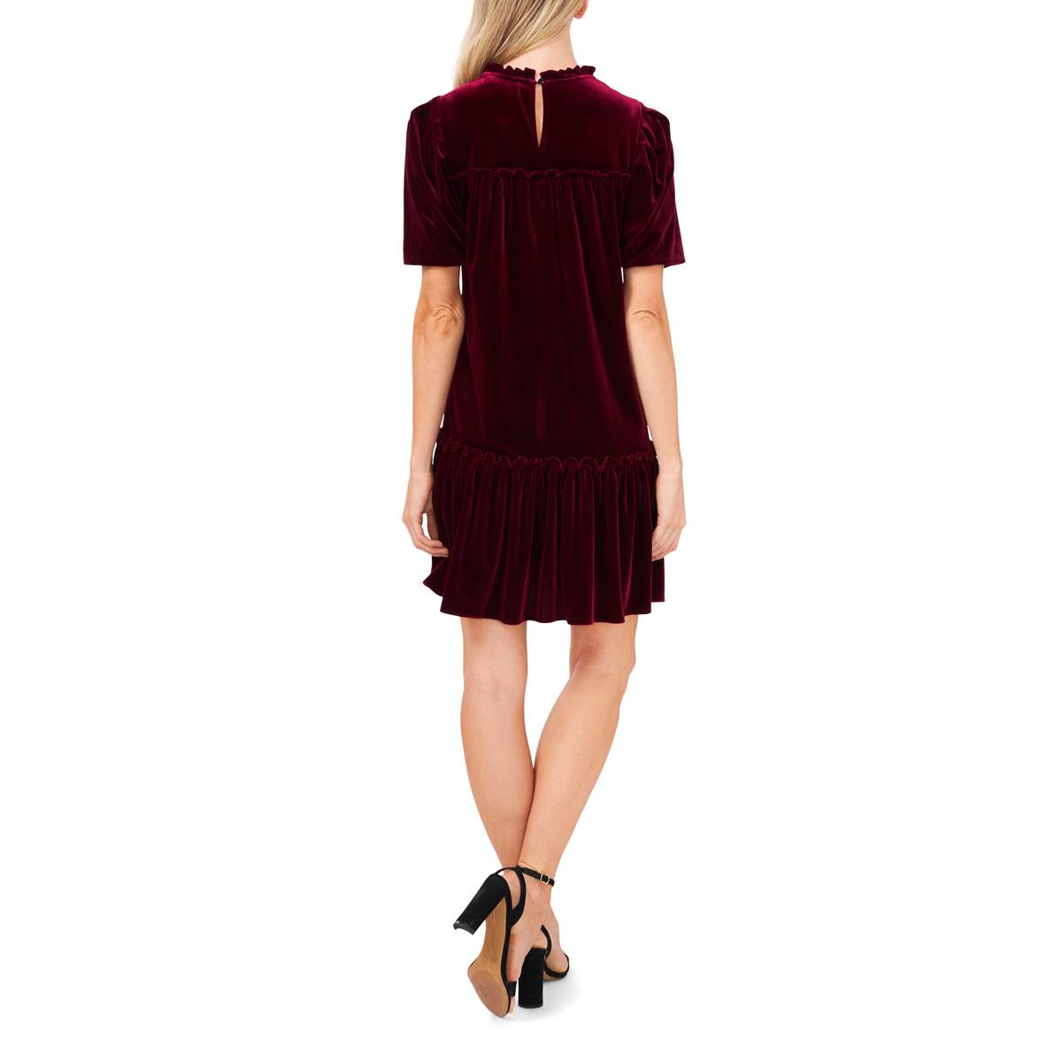 Womens Cece Elbow Sleeve Solid Velvet Ruffle Hem  A-Line Dress
