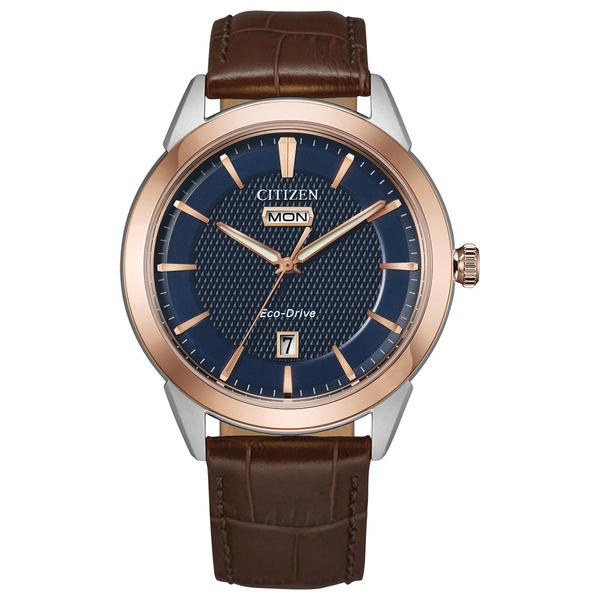 Mens Citizen(R) Navy Dial Brown Leather Strap Watch - AW0096-06L