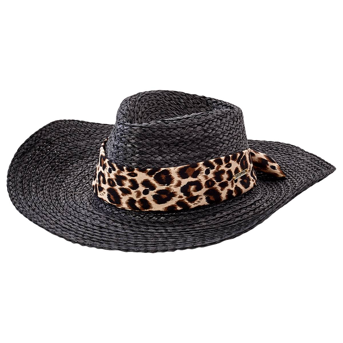 Womens Vince Camuto Lala Panama Hat W/ Leopard Tie Band