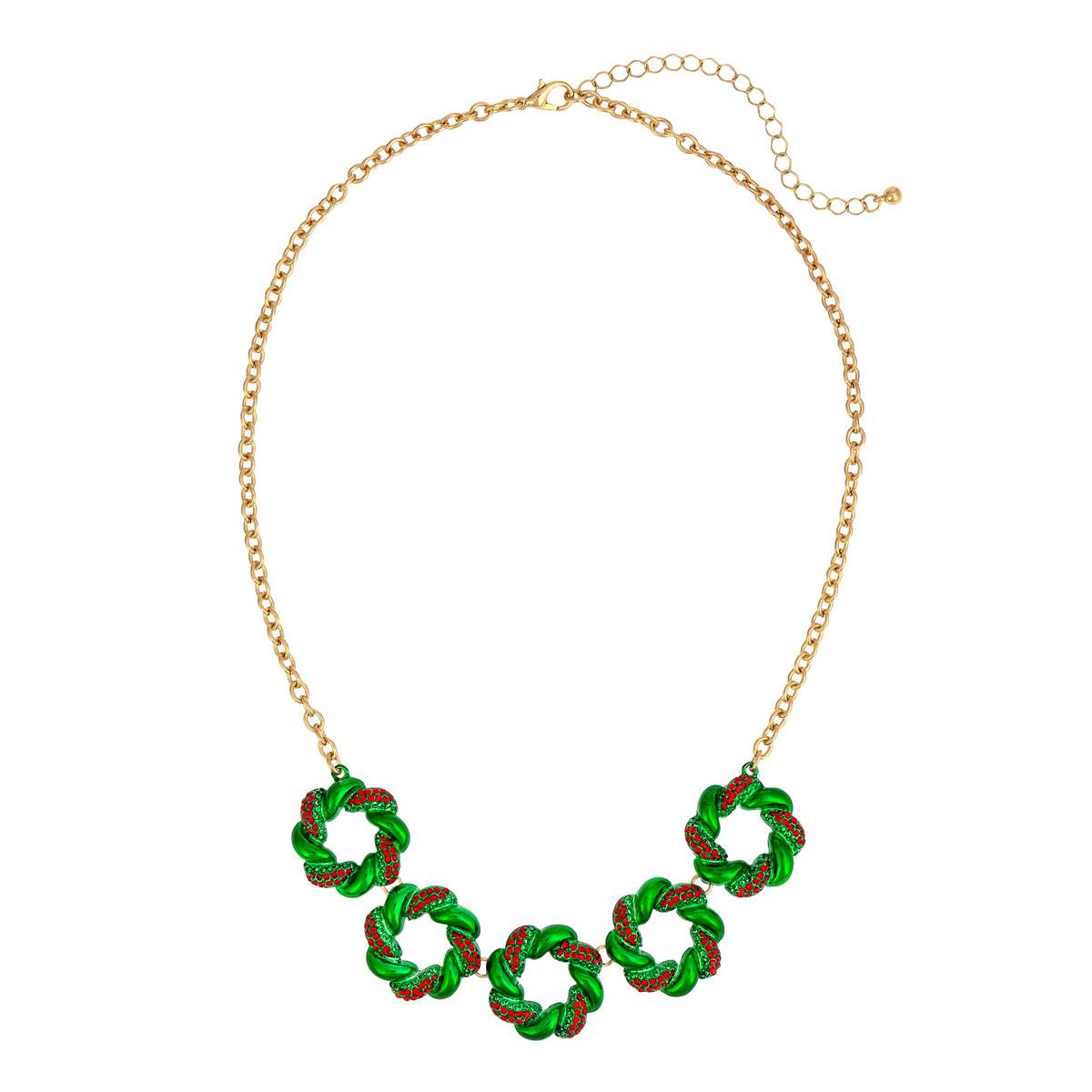 Green Wreath With Red Accent Stones Frontal Statement Necklace