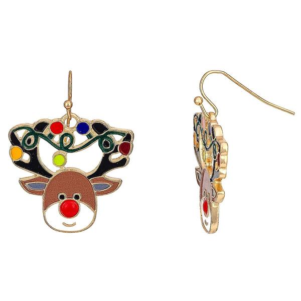 Gold-Tone Multi-Color Reindeer with Red Nose Drop Earrings