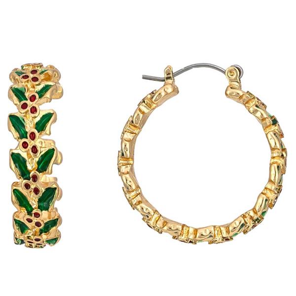 Gold-Tone Green/Red Accent Holiday Holly Click-Top Hoop Earrings
