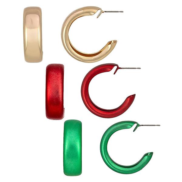 Red/Green/Gold Hoop Earrings - Set of 3