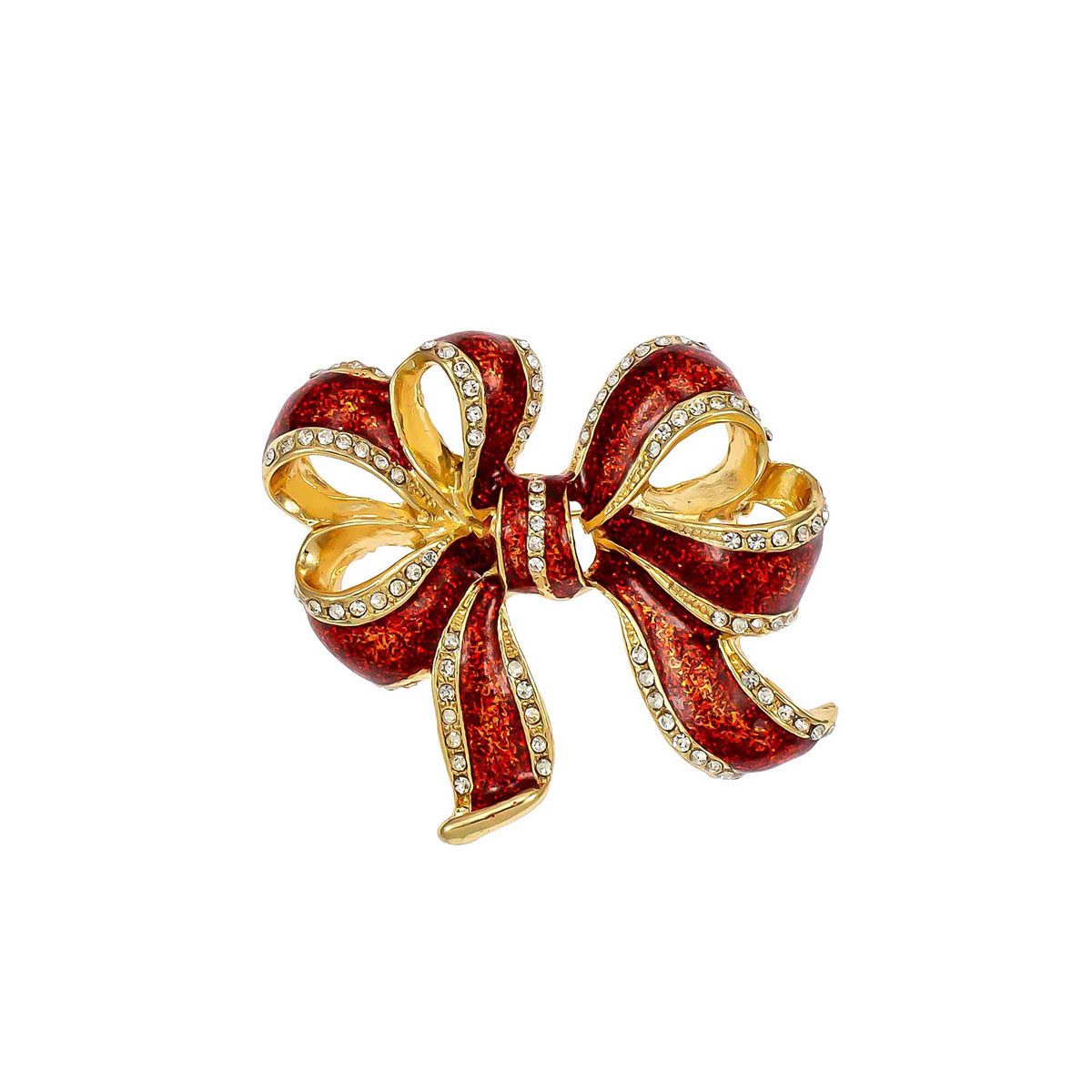 Gold-Tone Ribbon Bow Pin With Crystal Accents