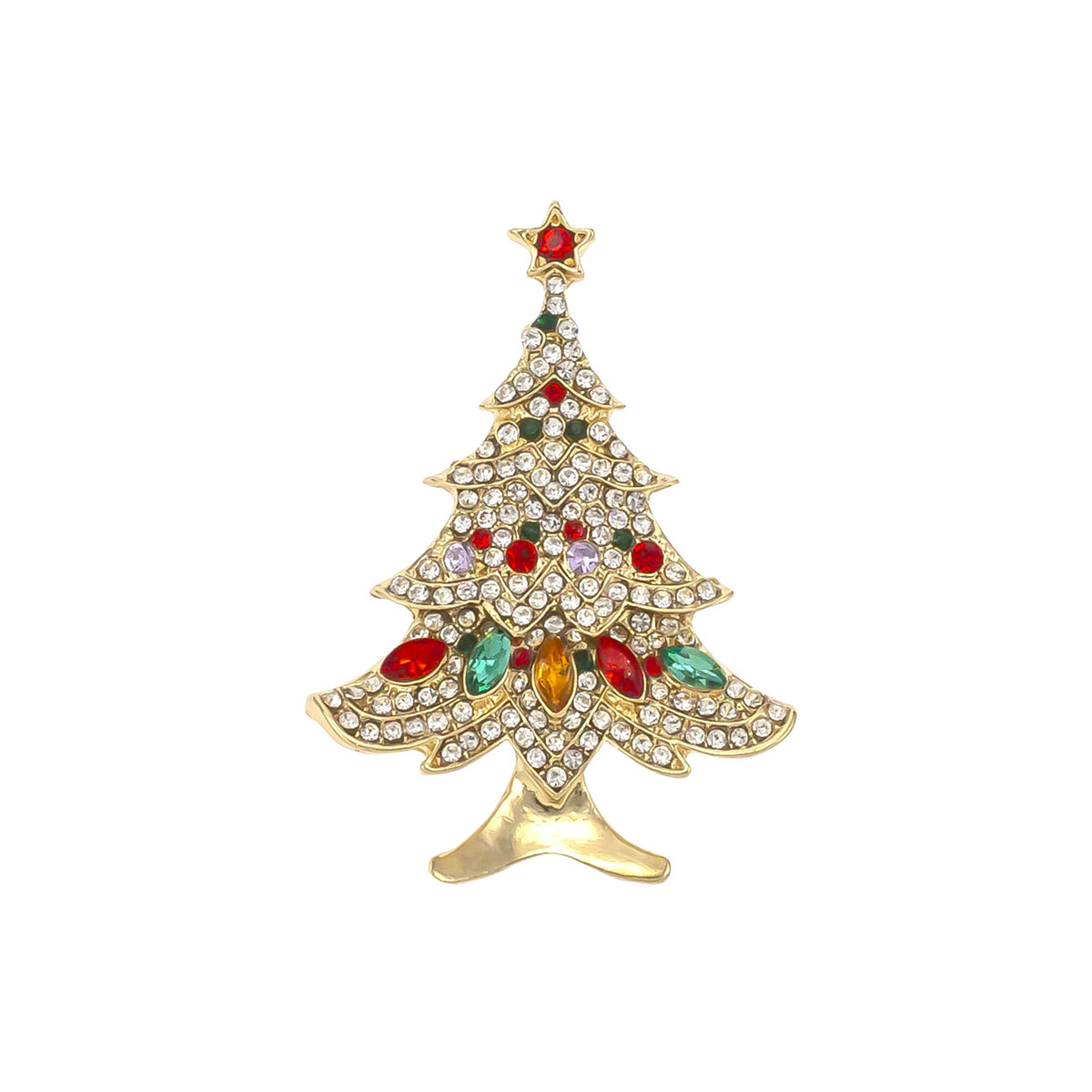 Gold-Tone Christmas Tree Pin With Multi Color Stones