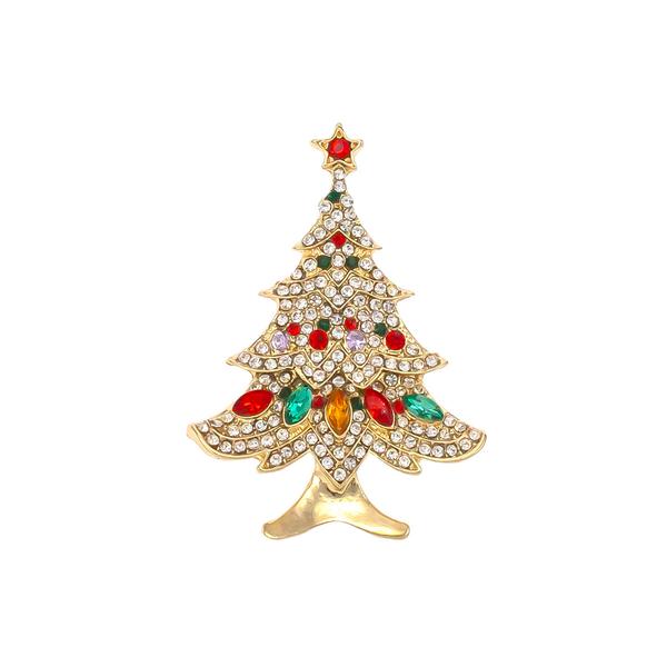 Gold-Tone Christmas Tree Pin with Multi Color Stones