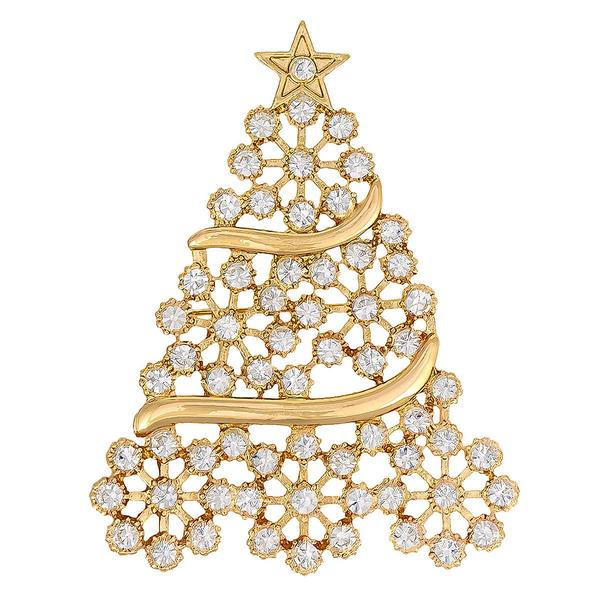Gold-Tone Stone Christmas Tree Pin with Ribbon & Star Accents