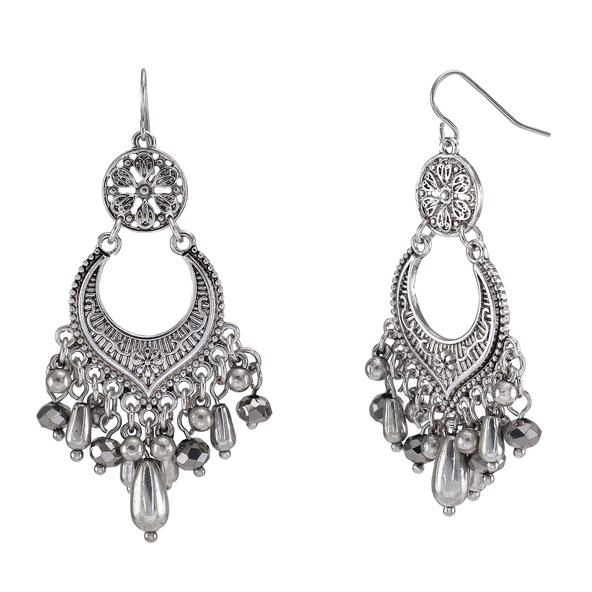 Ruby Rd. Silver-Tone Bead Fringe Drop Chandelier Earrings