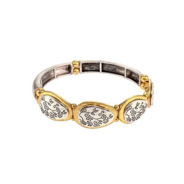 Ruby Rd. Two-Tone Etched Oval Frontal Discs Stretch Bracelet