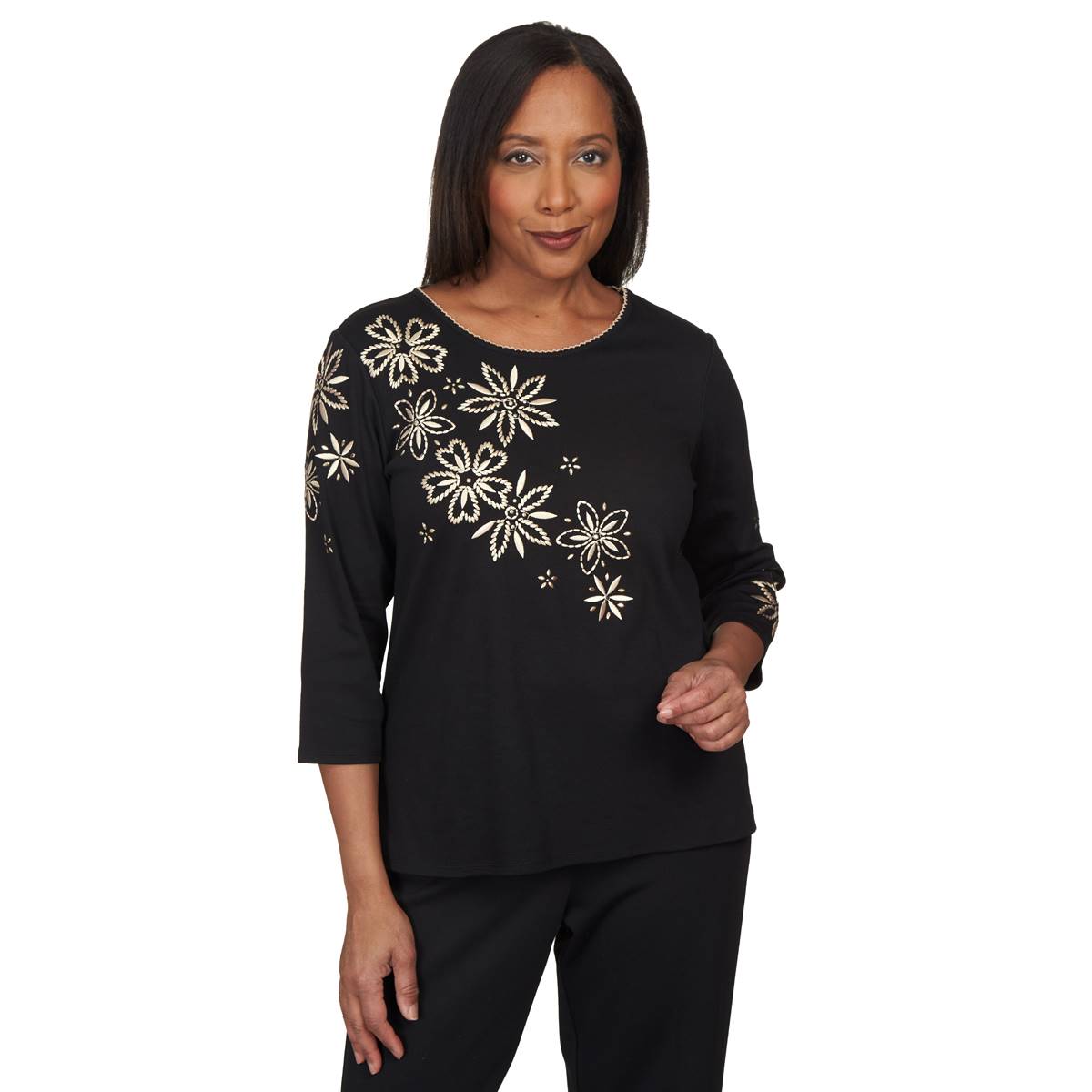 Womens Alfred Dunner Knit Floral Embroidery Tee