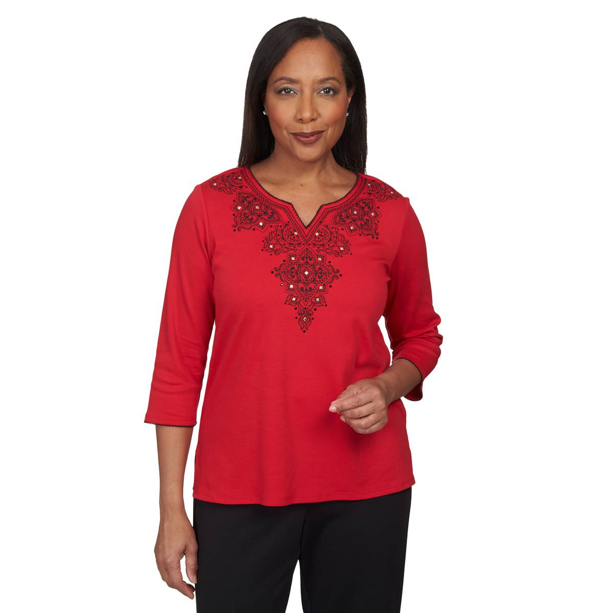 Petite Alfred Dunner Park Place Scroll Embroidery Knit Top