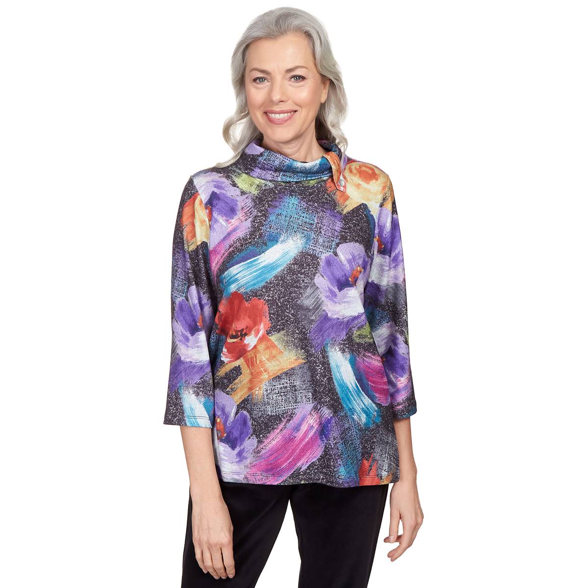 Womens Alfred Dunner Drama Queen Brushstroke Floral Knit Blouse