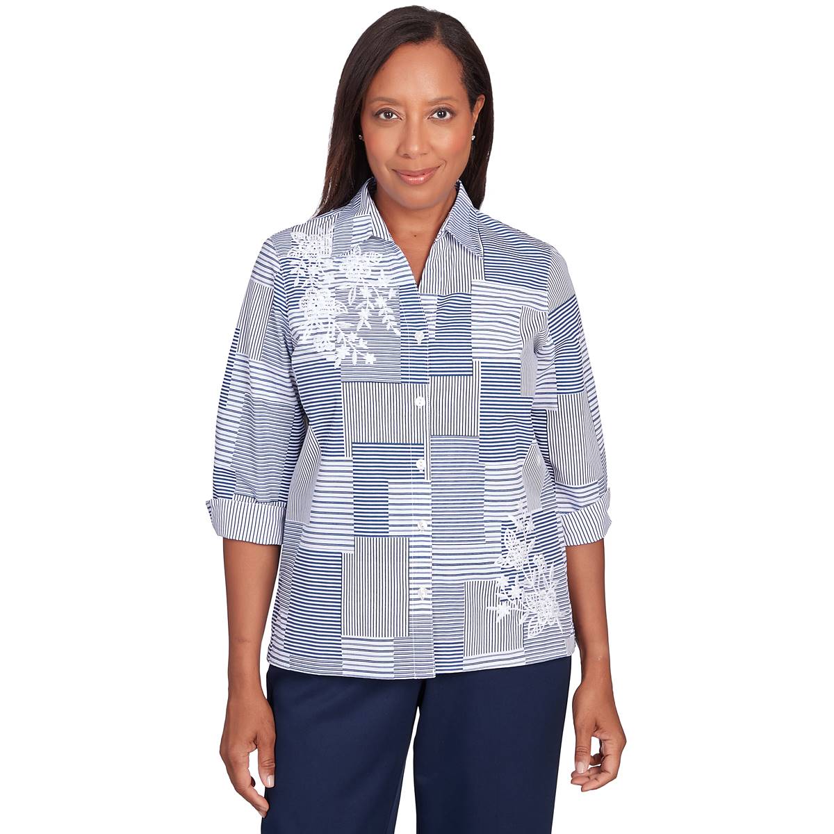Petite Alfred Dunner A Fresh Start Stripe Patch Button Down