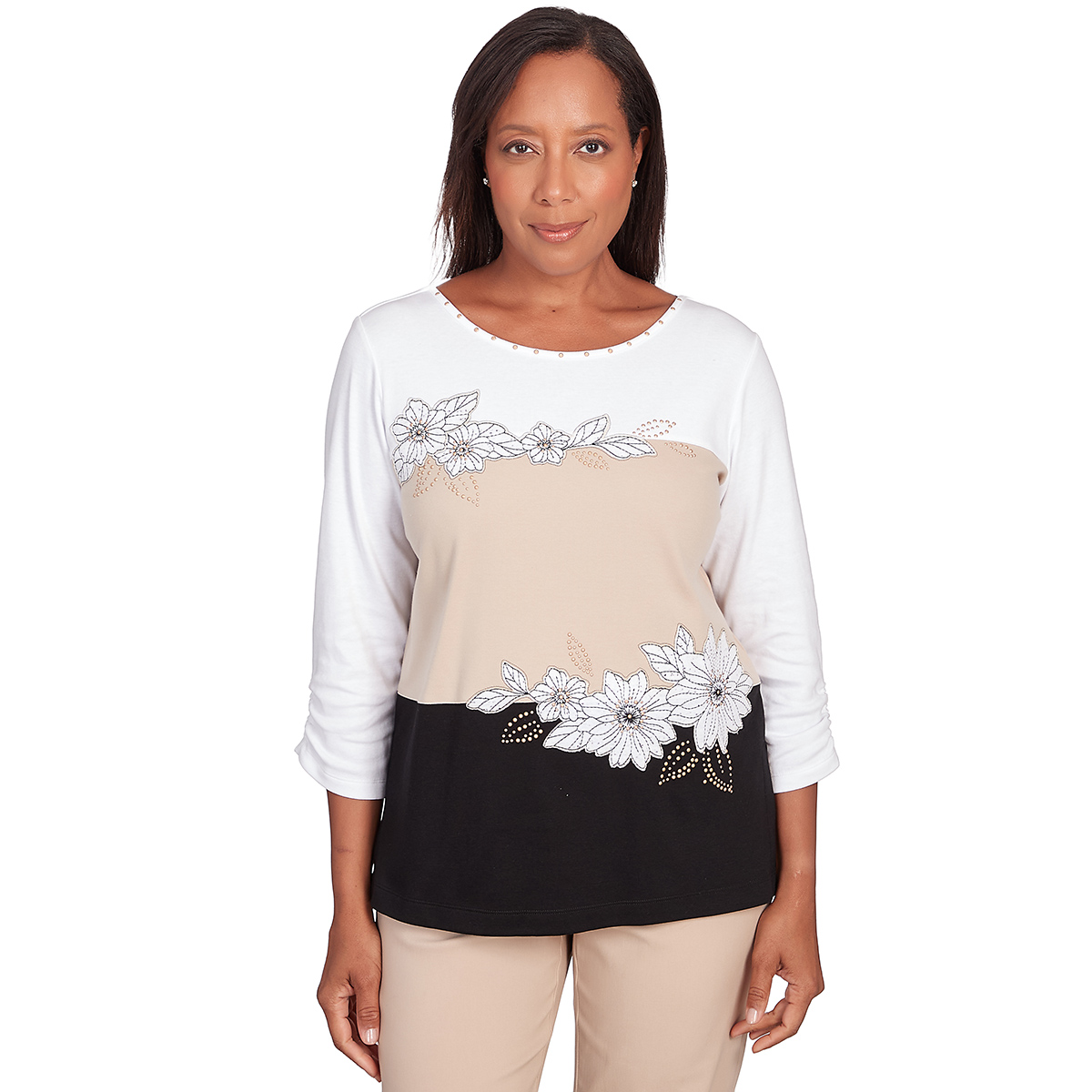 Petite Alfred Dunner Neutral Territory Blocked Floral Tee