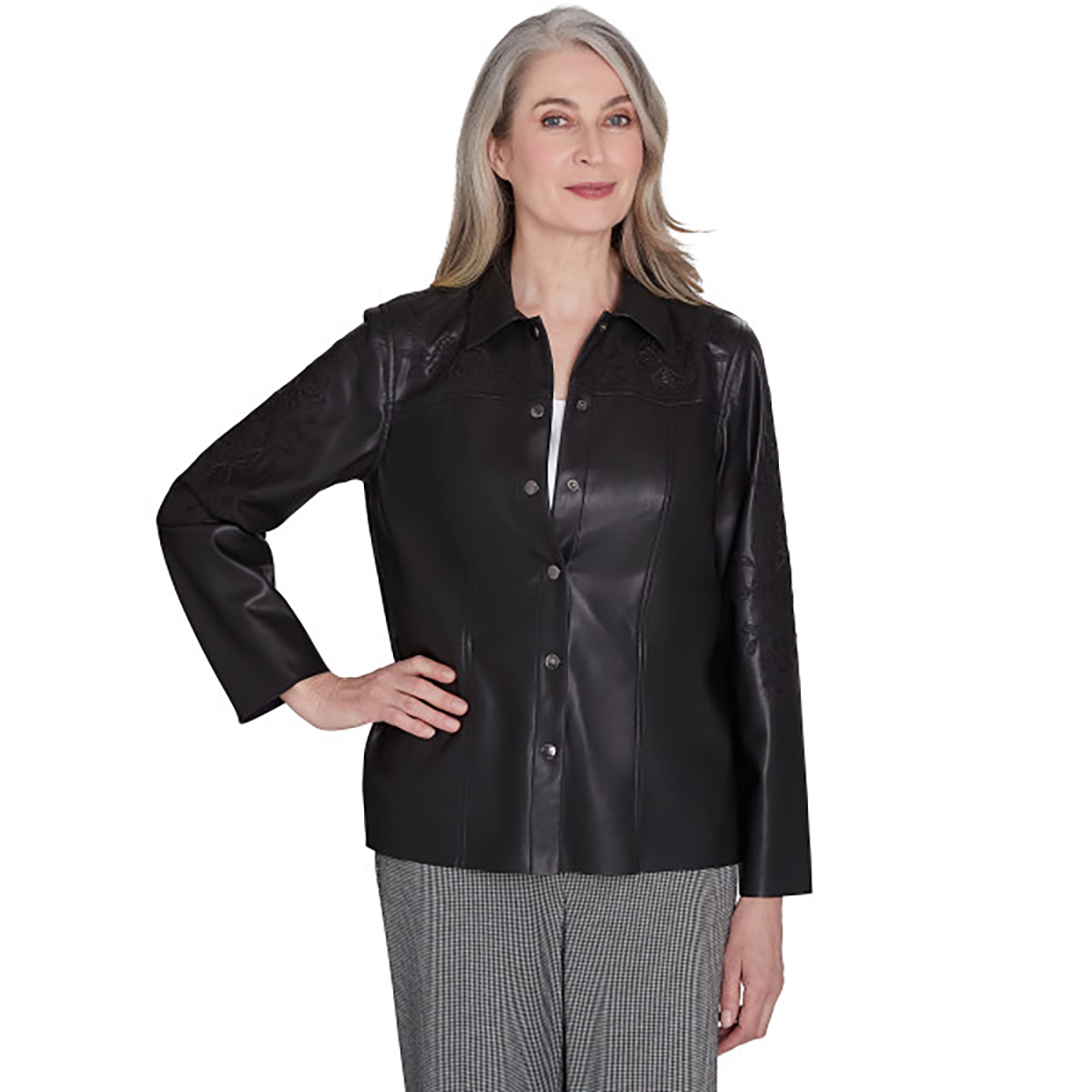 Petite Alfred Dunner Runway Ready Embroidered Faux Leather Jacket