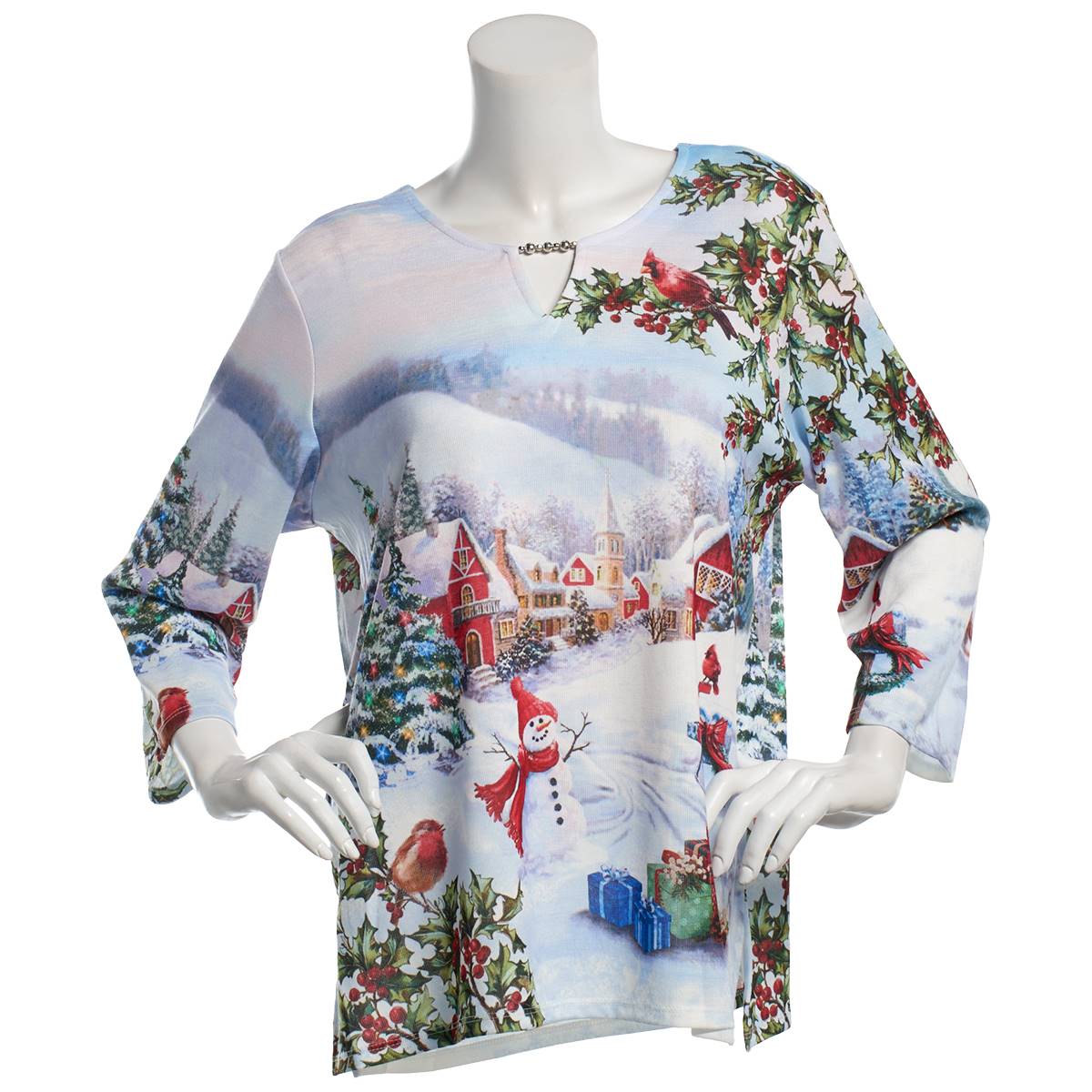 Petite Alfred Dunner 3/4 Sleeve Christmas Village Scene Tee