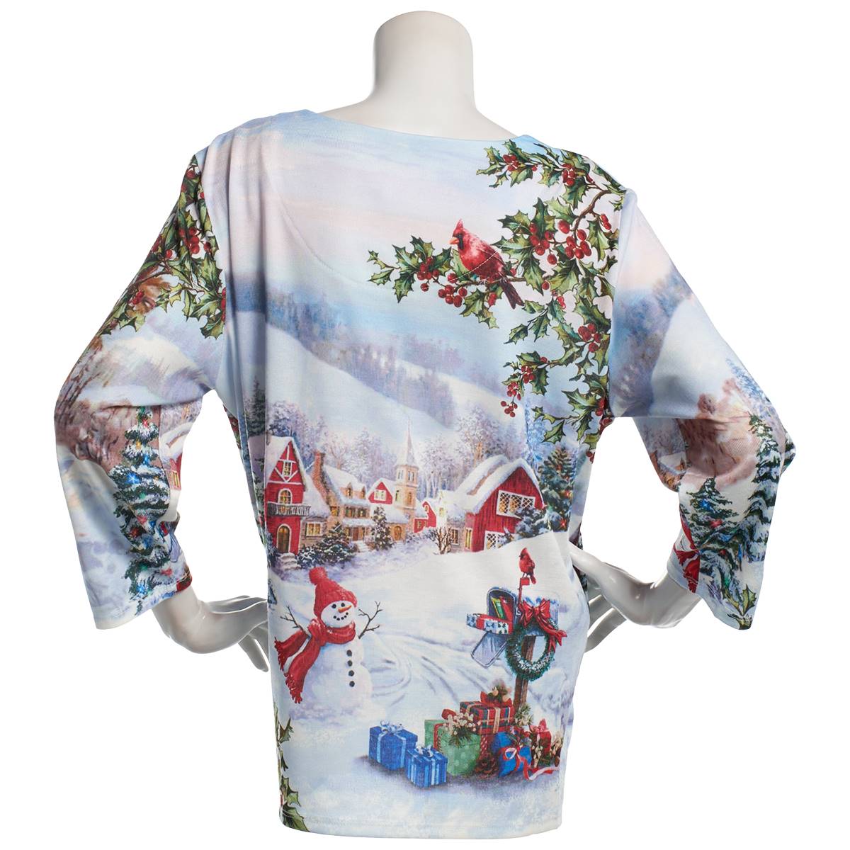 Petite Alfred Dunner 3/4 Sleeve Christmas Village Scene Tee