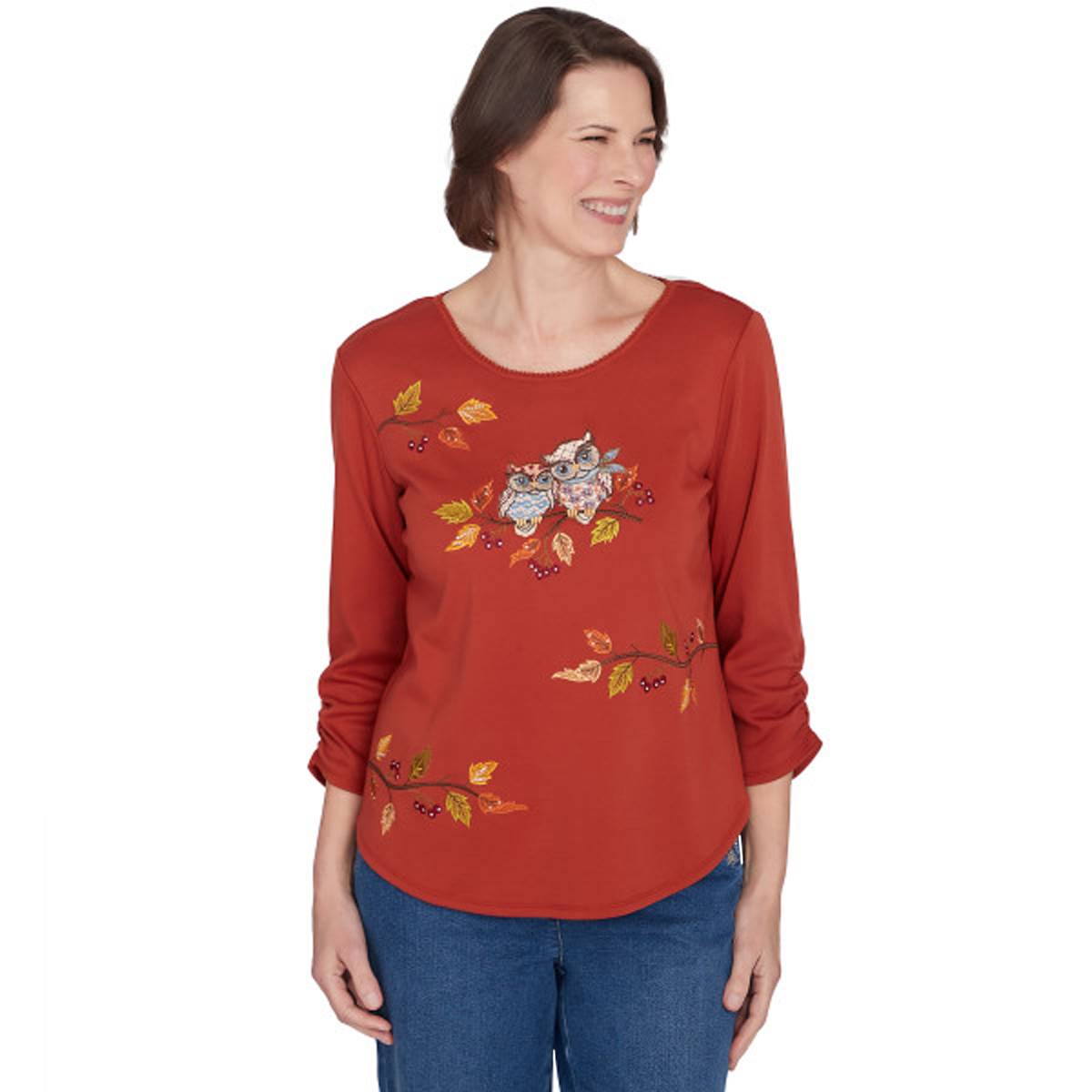 Petite Alfred Dunner Classics Nuzzling Owls Harvest Tee