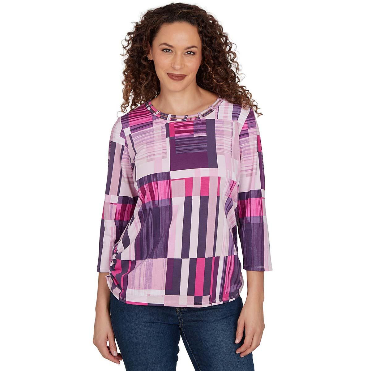 Alfred Dunner Petite Purple Bars Ruched Sides Top - Purple Multi