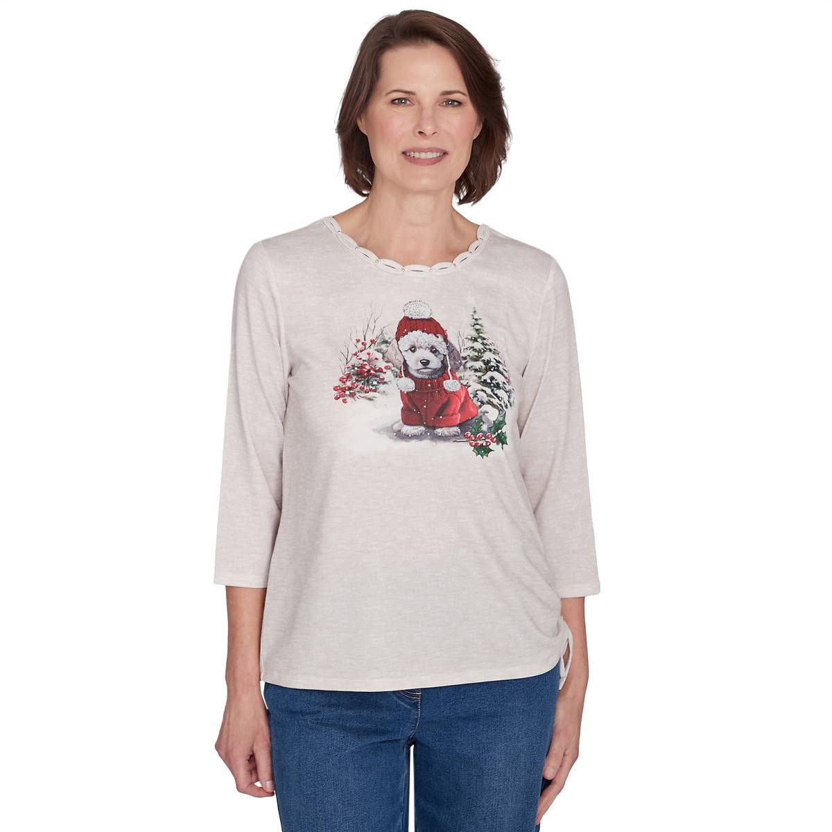 Petite Alfred Dunner Classics 3/4 Sleeve Festive Poodle Tee