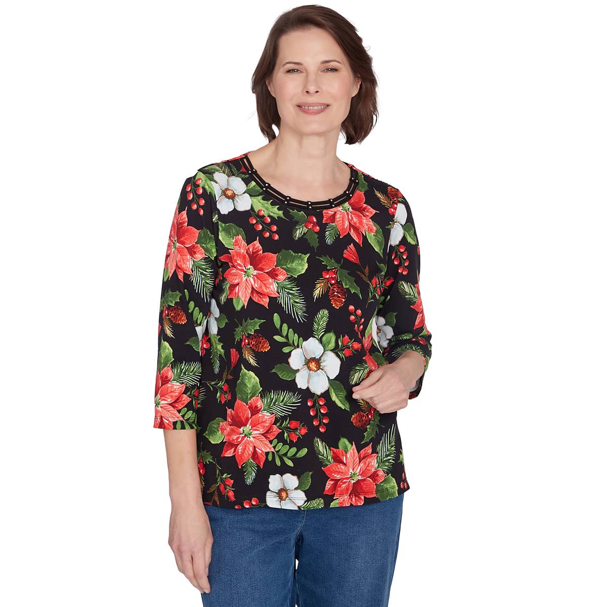 Petite Alfred Dunner Classics Poinsettias Holiday Tee