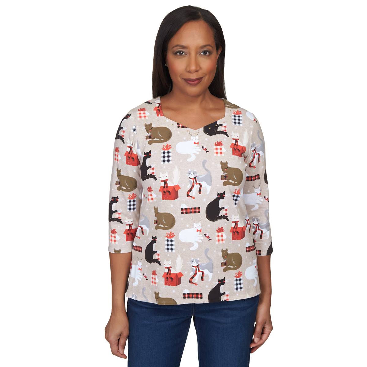 Petite Alfred Dunner Classics Cats W/ Presents Holiday Tee