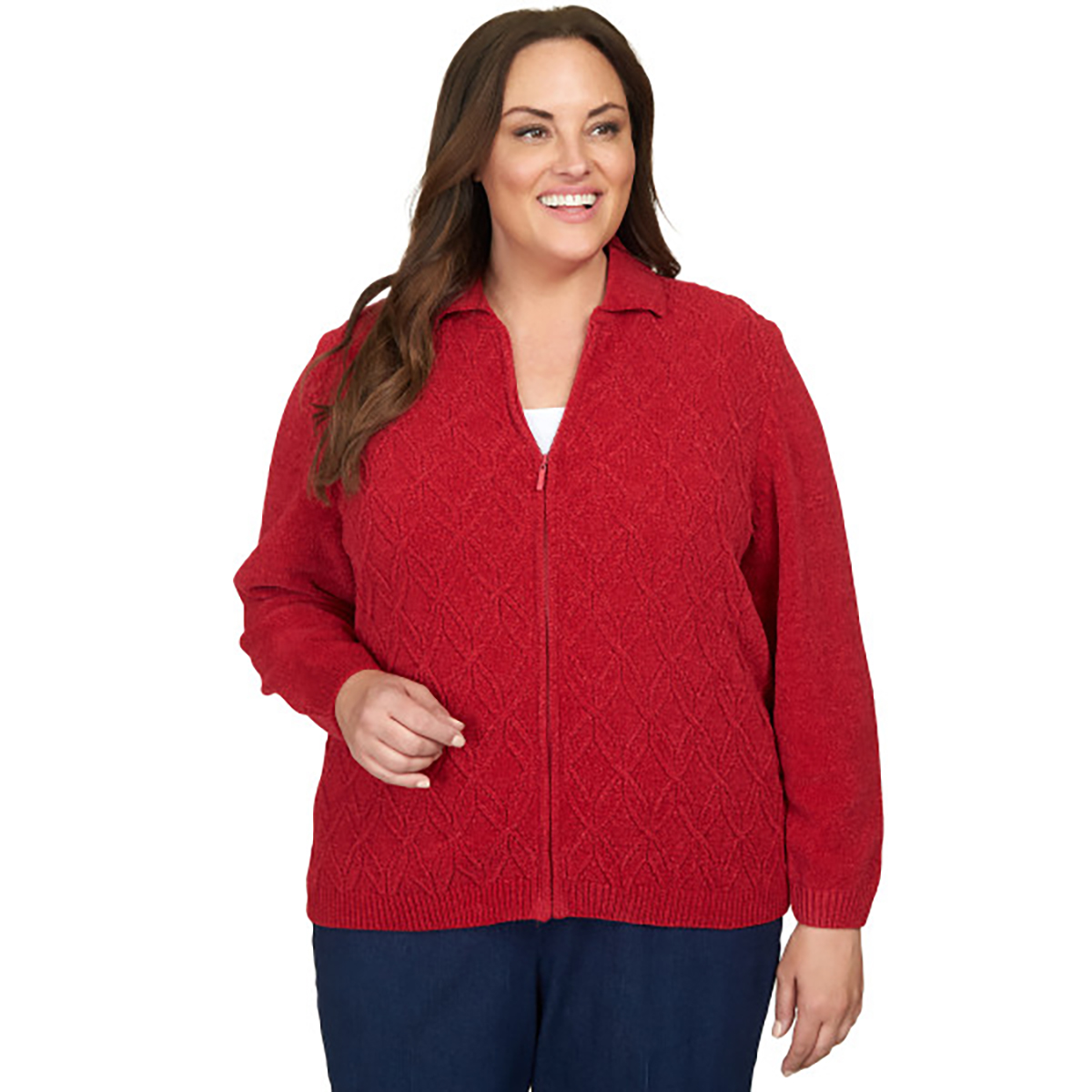 Plus Size Alfred Dunner Chenille Zip Front Cardigan w/Lurex