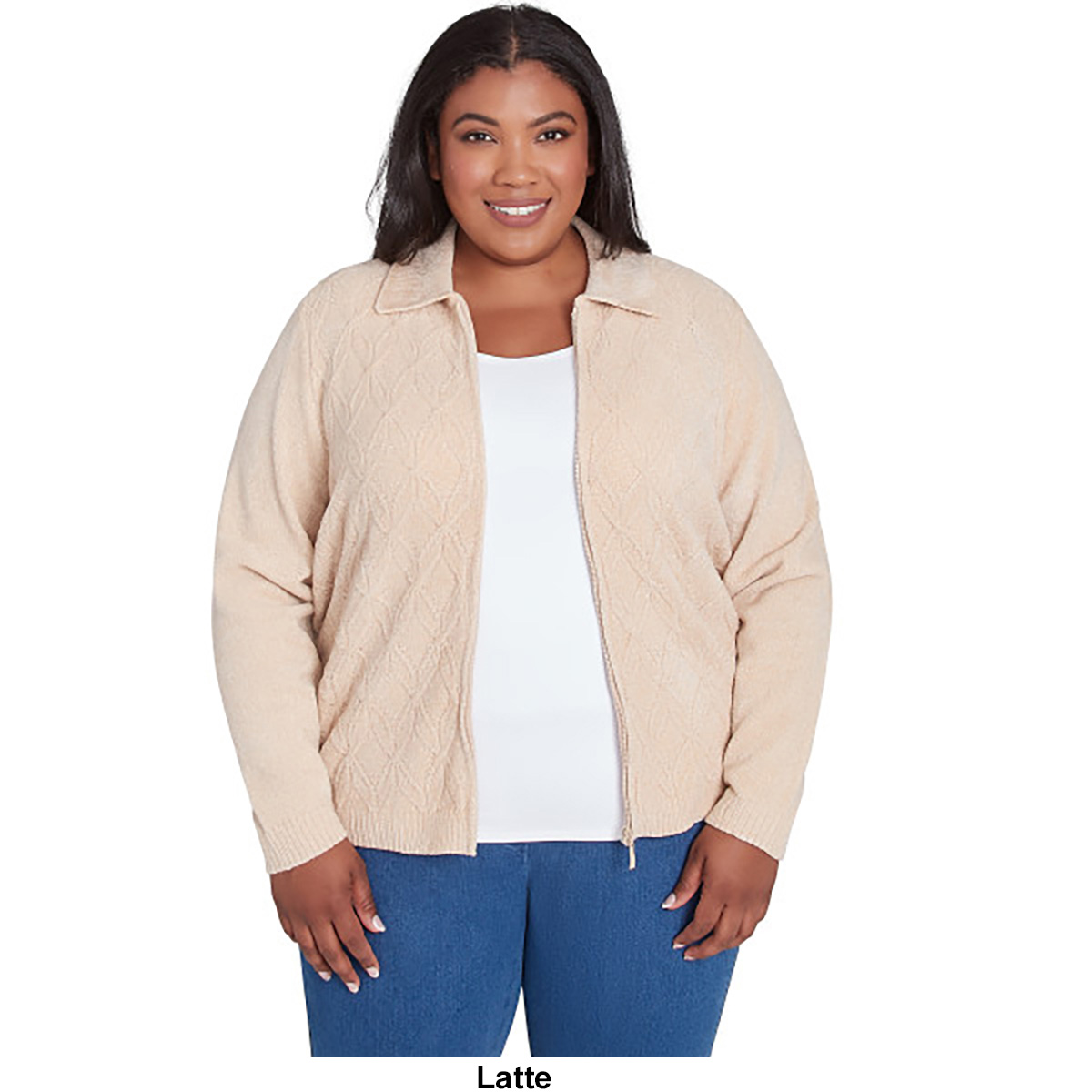 Plus Size Alfred Dunner Chenille Zip Front Cardigan W/Lurex