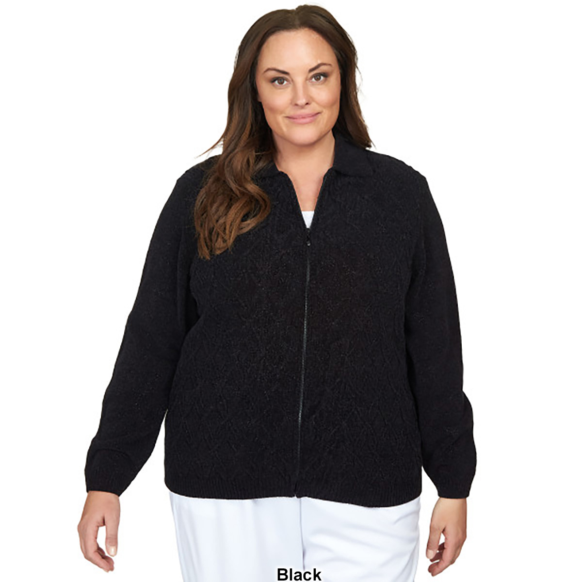 Plus Size Alfred Dunner Chenille Zip Front Cardigan W/Lurex