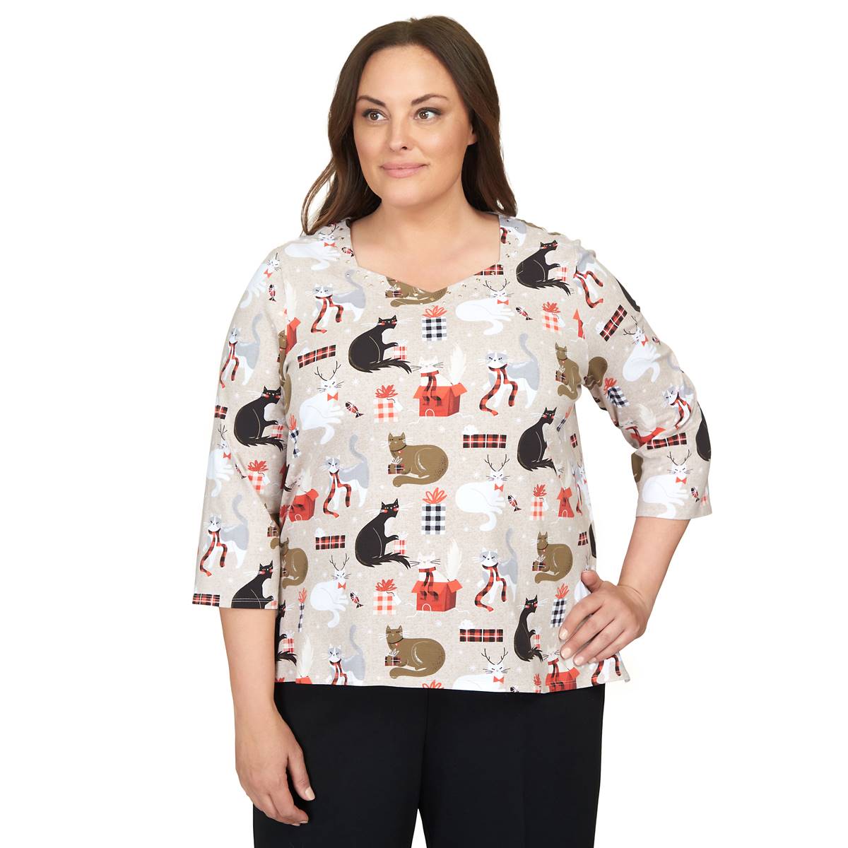 Plus Size Alfred Dunner Classics Cats W/ Presents Holiday Tee