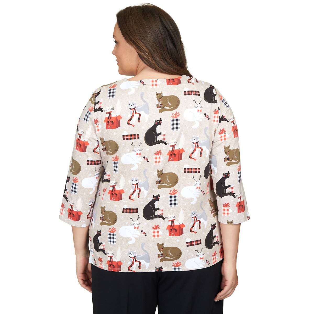 Plus Size Alfred Dunner Classics Cats W/ Presents Holiday Tee